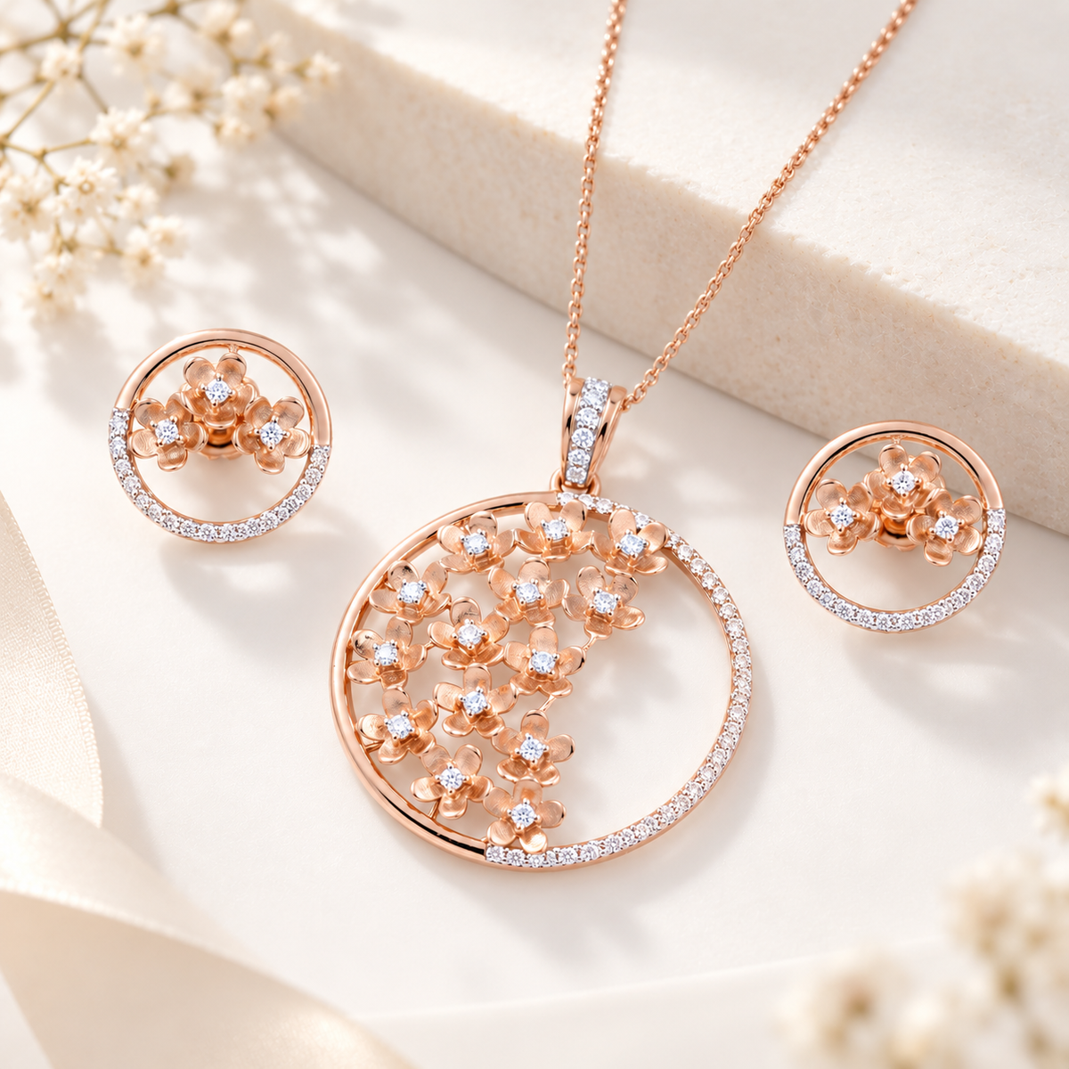 18KT Rose Gold Diamond Floral Pendant Set