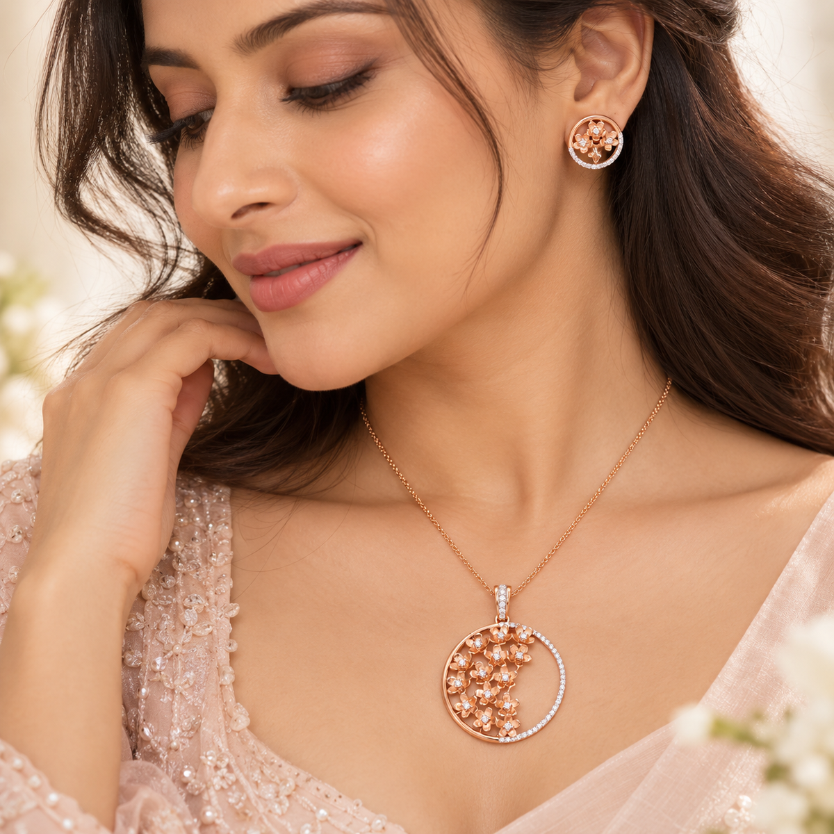 18KT Rose Gold Diamond Floral Pendant Set