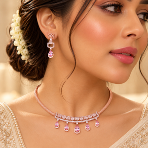 Pink Teardrop Gemstone & Diamond Gold Necklace Set