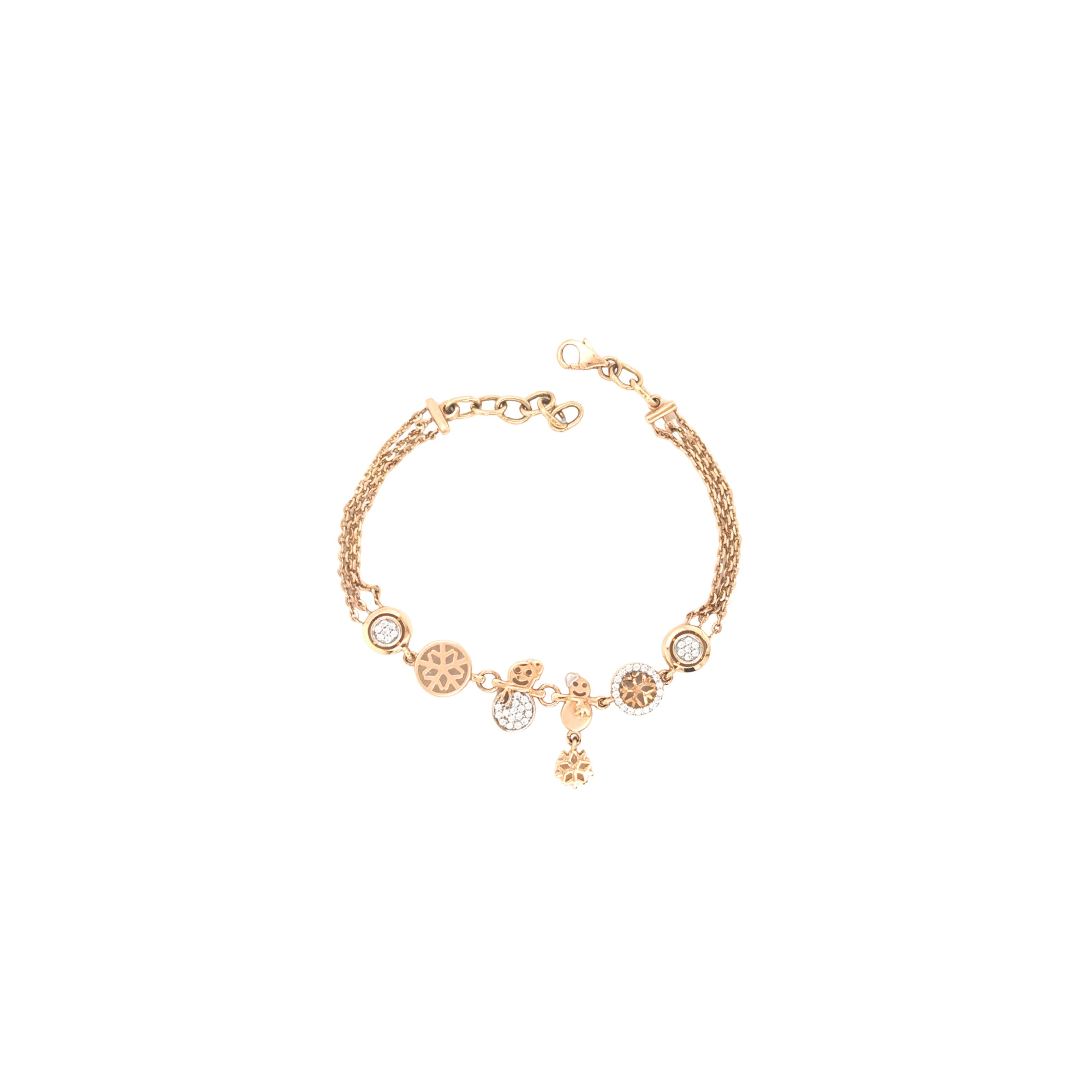 Elegant rose gold charm bracelet featuring snowflake motifs, sparkling diamond accents, and playful dangling charms on a multi-chain adjustable bracelet.