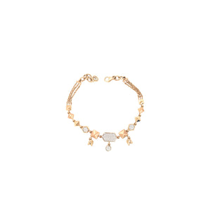 Stylish rose gold bracelet featuring geometric pyramid motifs, sparkling diamond accents, and dangling charm details with an adjustable chain clasp on a white background.