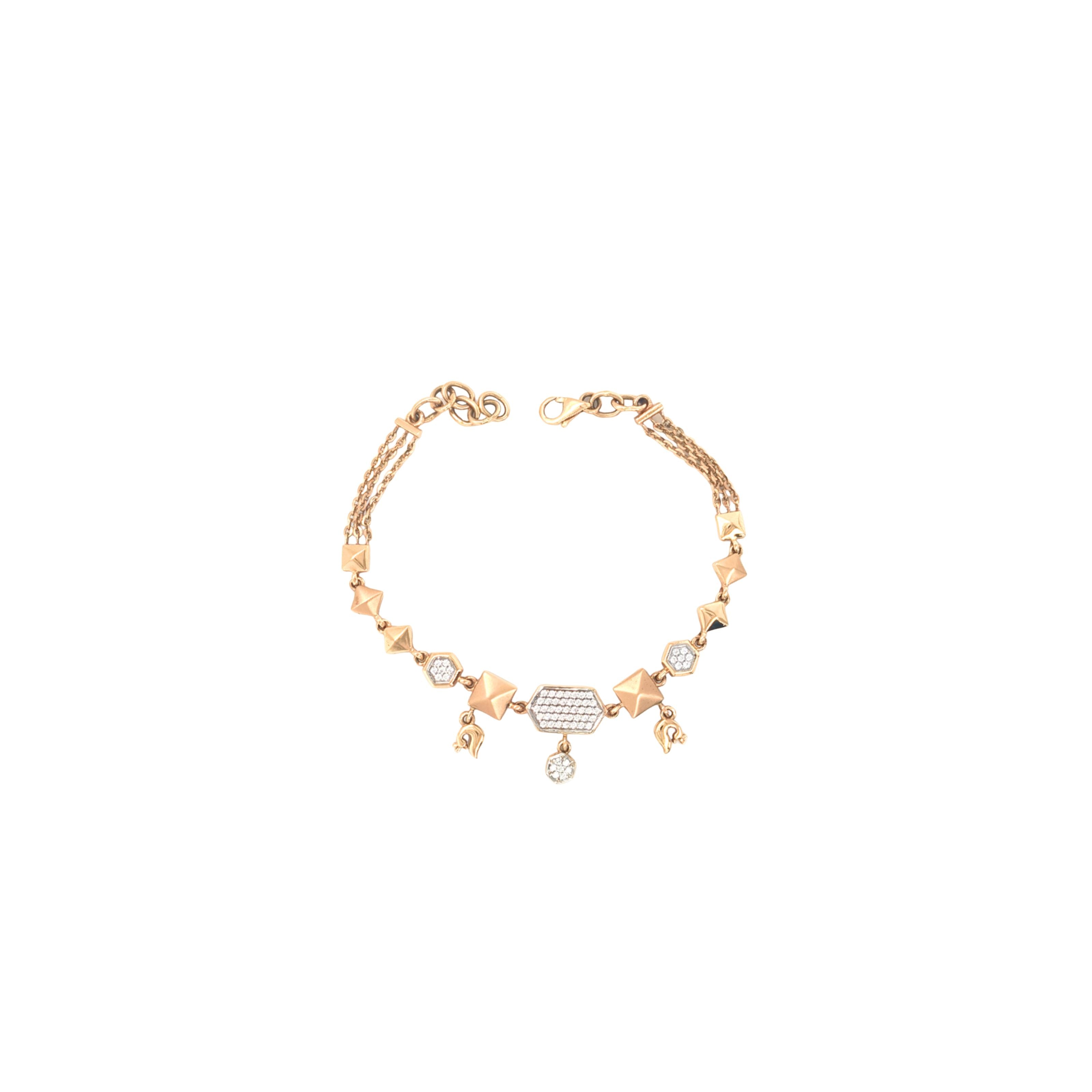Stylish rose gold bracelet featuring geometric pyramid motifs, sparkling diamond accents, and dangling charm details with an adjustable chain clasp on a white background.