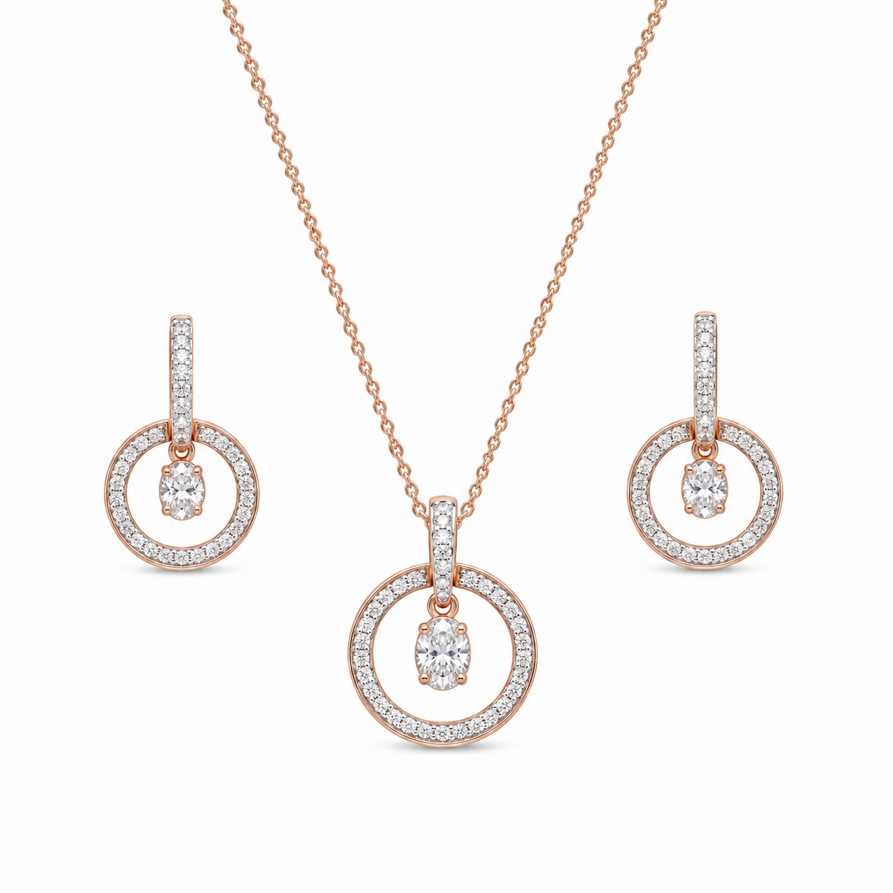 Elegant rose gold diamond jewelry set featuring a circular pendant necklace with matching dangling circle earrings on a white background.