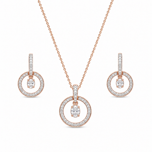 Elegant rose gold diamond jewelry set featuring a circular pendant necklace with matching dangling circle earrings on a white background.