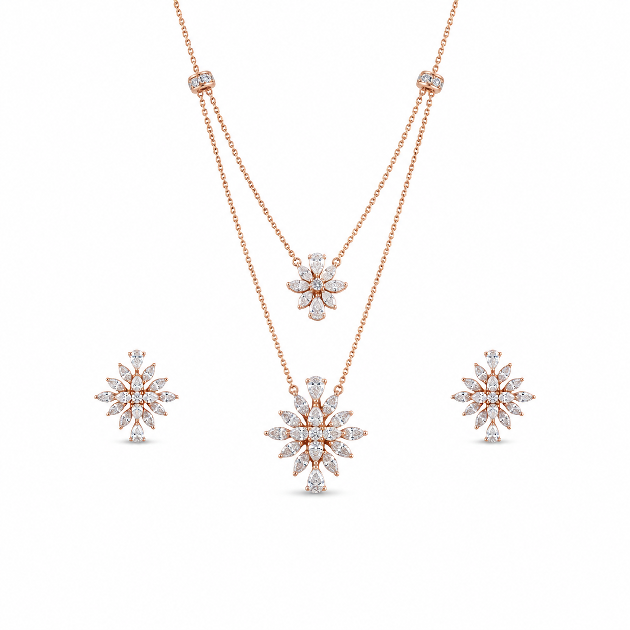 Elegant rose gold diamond jewelry set featuring a layered floral pendant necklace and matching floral stud earrings on a white background.