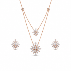 Elegant rose gold diamond jewelry set featuring a layered floral pendant necklace and matching floral stud earrings on a white background.