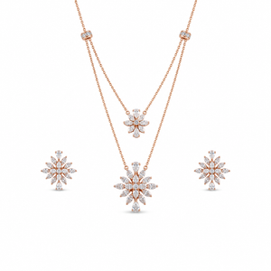 Elegant rose gold diamond jewelry set featuring a layered floral pendant necklace and matching floral stud earrings on a white background.