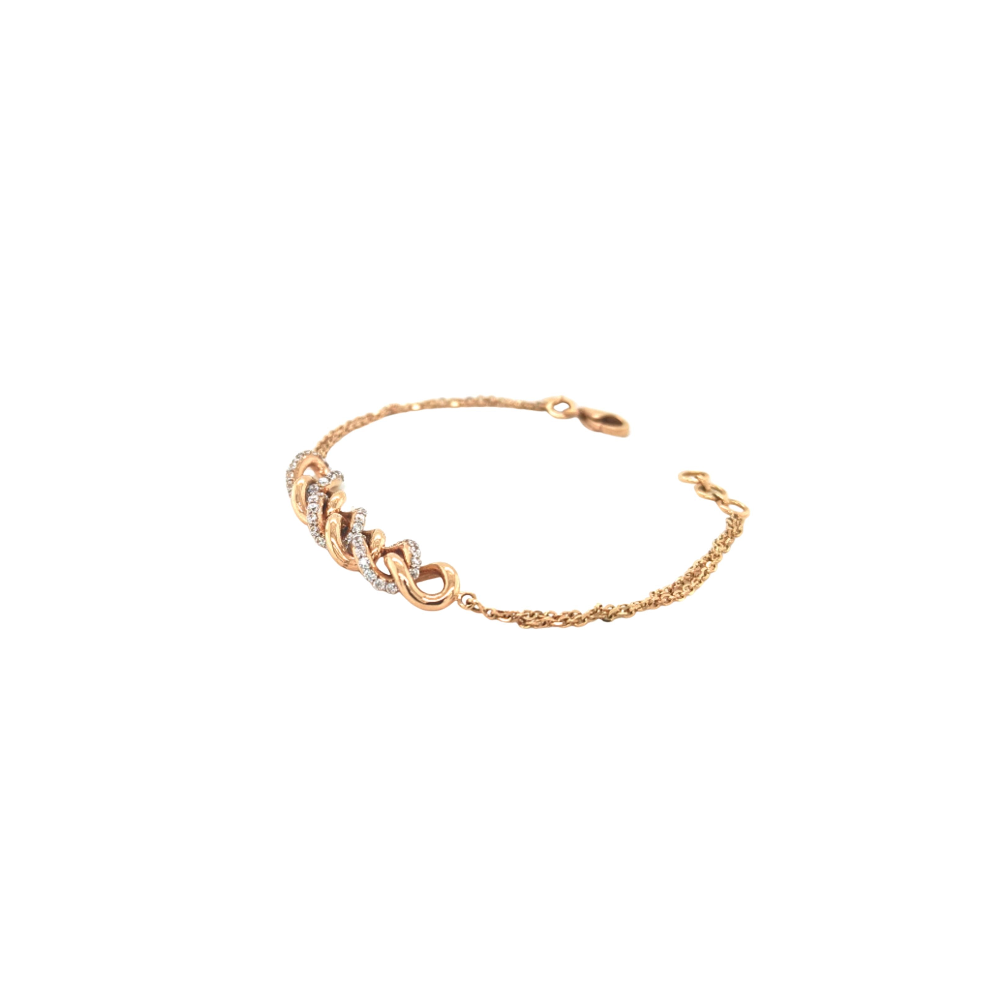 Elegant rose gold bracelet featuring intertwined infinity-style links adorned with sparkling diamond accents on a delicate chain with an adjustable clasp.