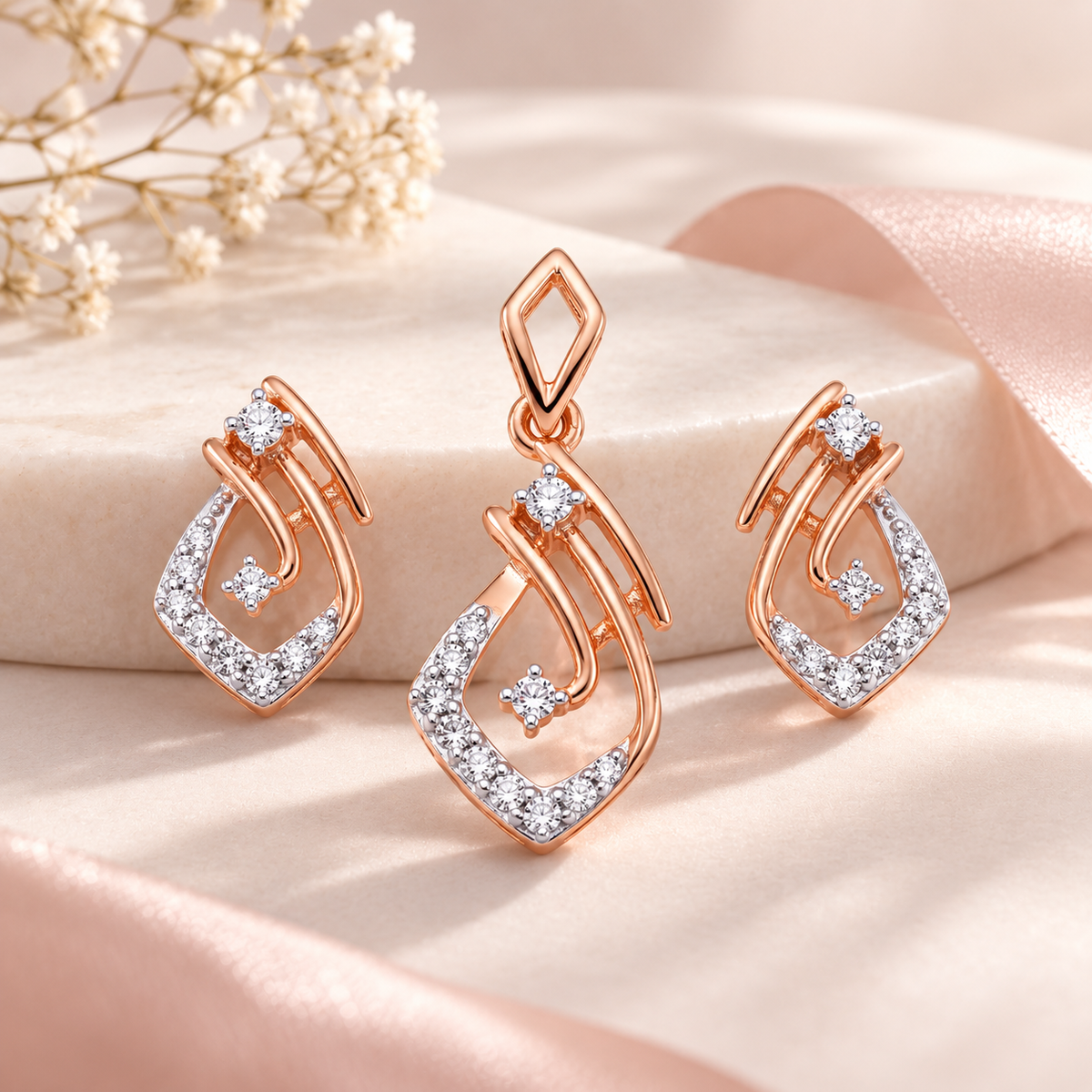 18KT Rose Gold Diamond Geometric Pendant Set