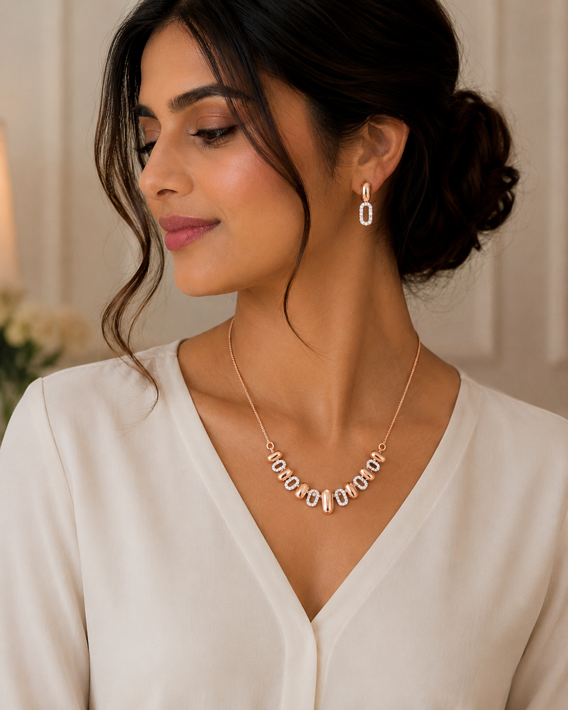 Elegant rose gold jewellery set featuring a delicate necklace with multiple oval and loop-shaped diamond accents, paired with matching diamond drop earrings.
