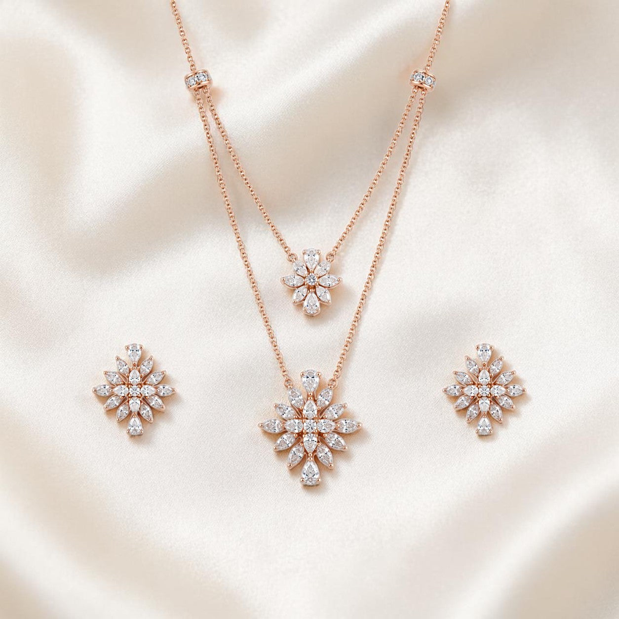 Elegant rose gold diamond jewelry set featuring a layered floral pendant necklace and matching floral stud earrings on a white background.