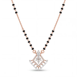 Elegant rose gold mangalsutra necklace featuring black beads and a royal-inspired diamond drop pendant with intricate sparkling detailing on a white background.