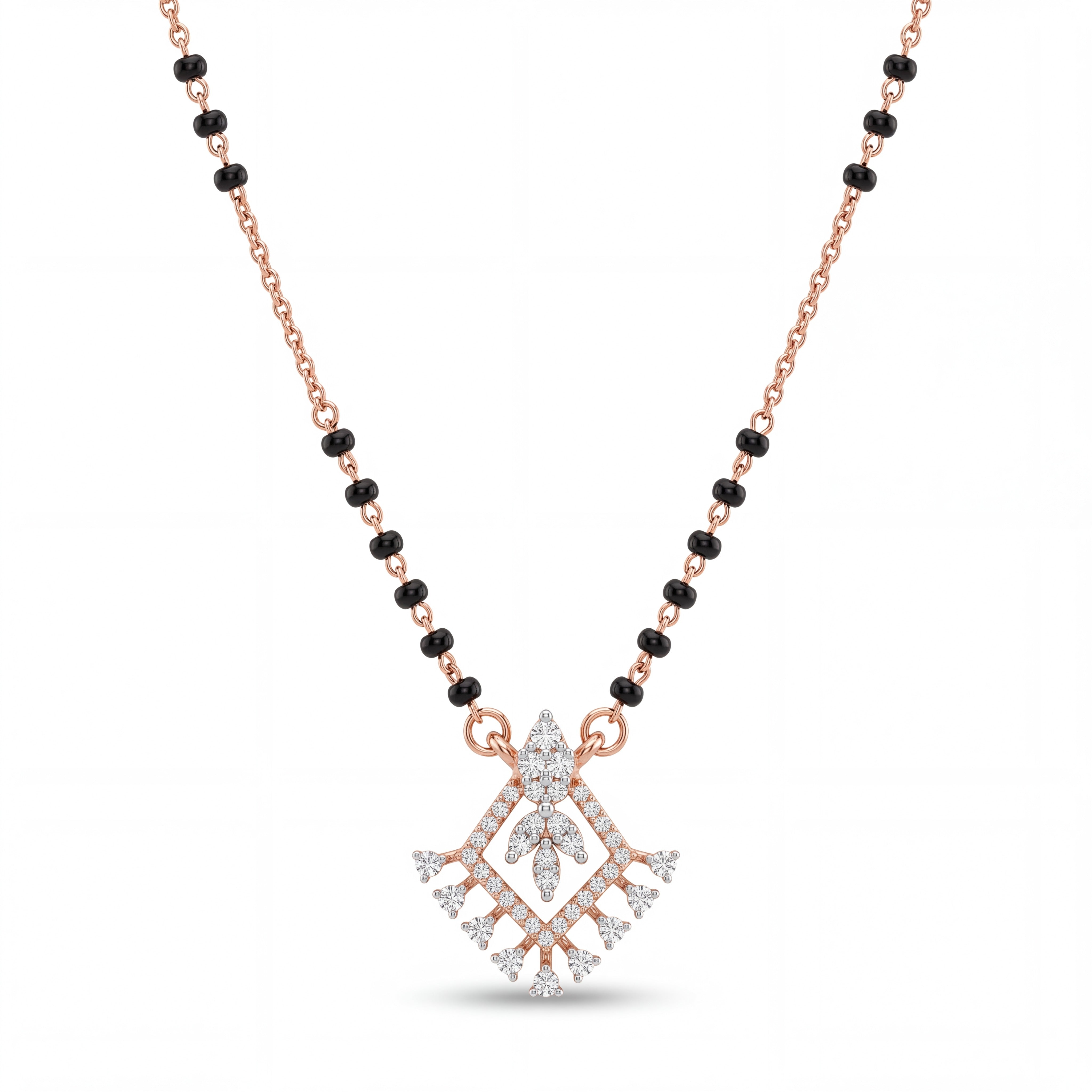 Elegant rose gold mangalsutra necklace featuring black beads and a royal-inspired diamond drop pendant with intricate sparkling detailing on a white background.