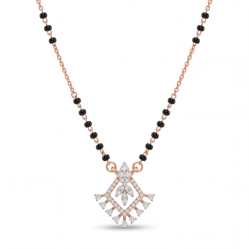Elegant rose gold mangalsutra necklace featuring black beads and a royal-inspired diamond drop pendant with intricate sparkling detailing on a white background.