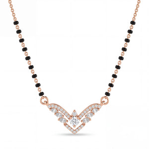 Elegant rose gold mangalsutra necklace featuring black beads and a sparkling V-shaped diamond pendant with wing-inspired detailing on a white background.