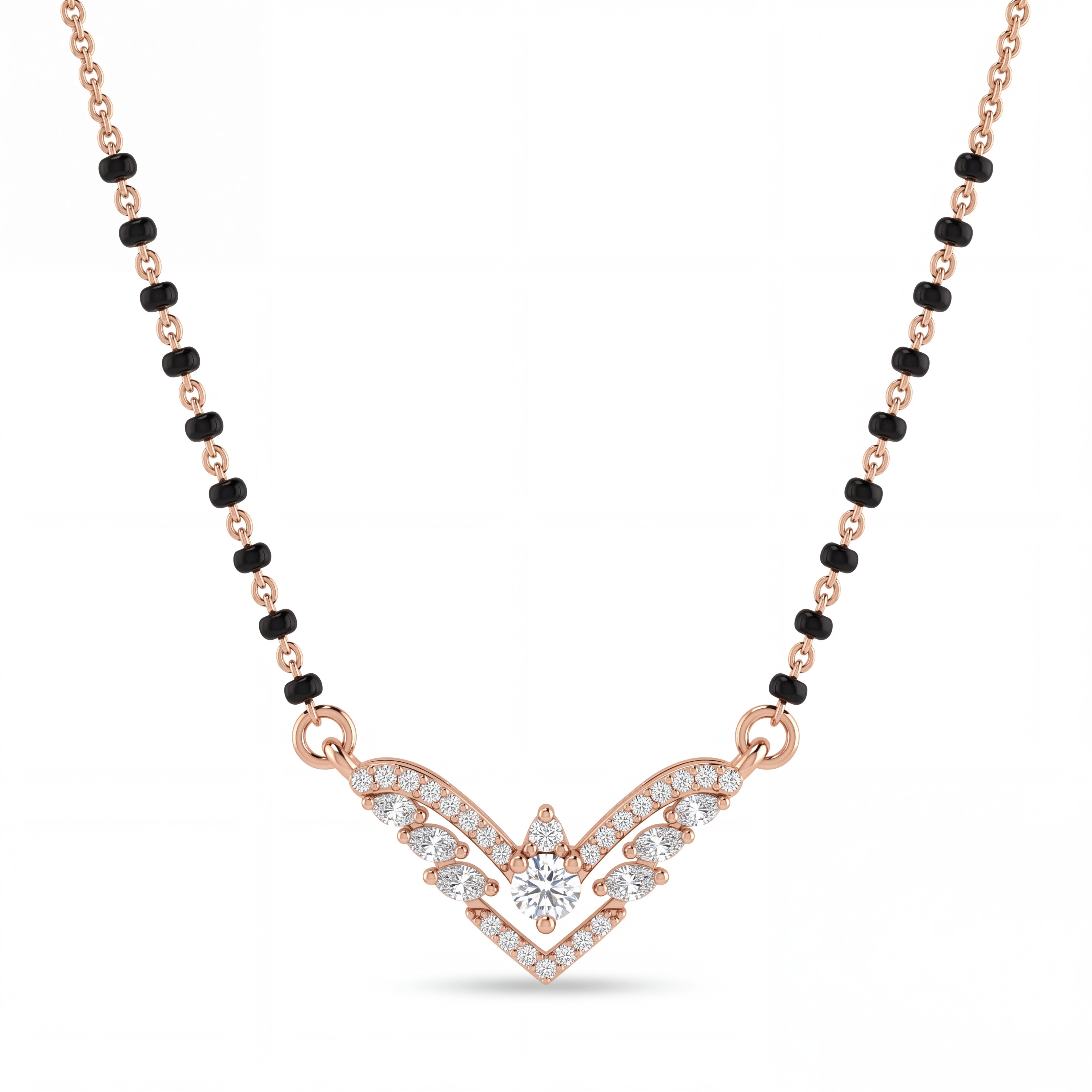 Elegant rose gold mangalsutra necklace featuring black beads and a sparkling V-shaped diamond pendant with wing-inspired detailing on a white background.