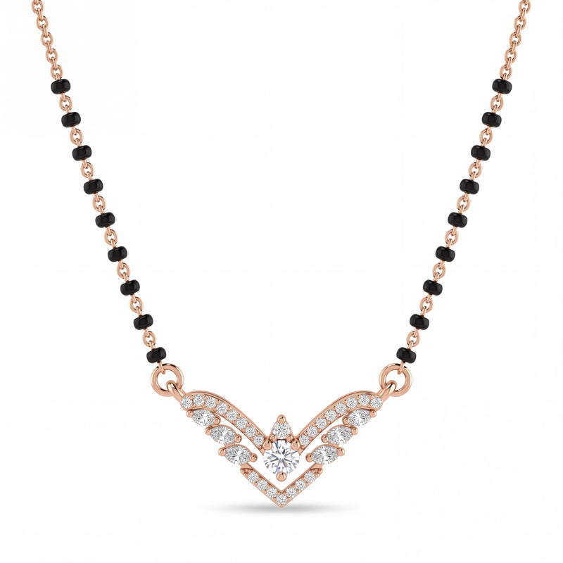 Elegant rose gold mangalsutra necklace featuring black beads and a sparkling V-shaped diamond pendant with wing-inspired detailing on a white background.