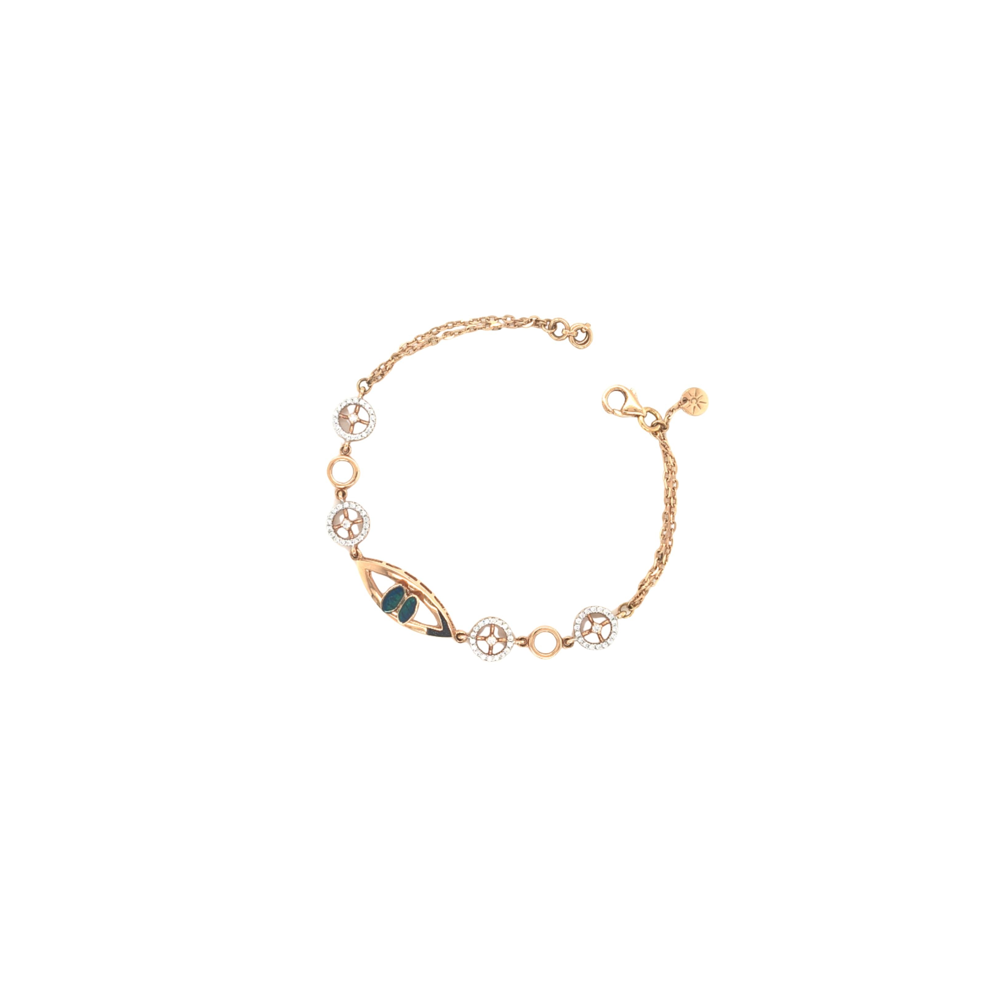 Stylish rose gold bracelet featuring an evil eye centerpiece with blue opal accents and sparkling circular diamond motifs on a delicate chain with adjustable clasp.
