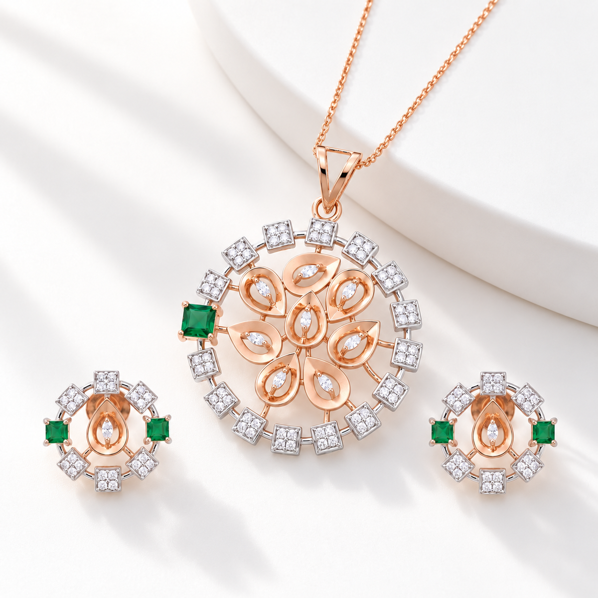 18KT Rose Gold Diamond & Emerald Floral Pendant Set
