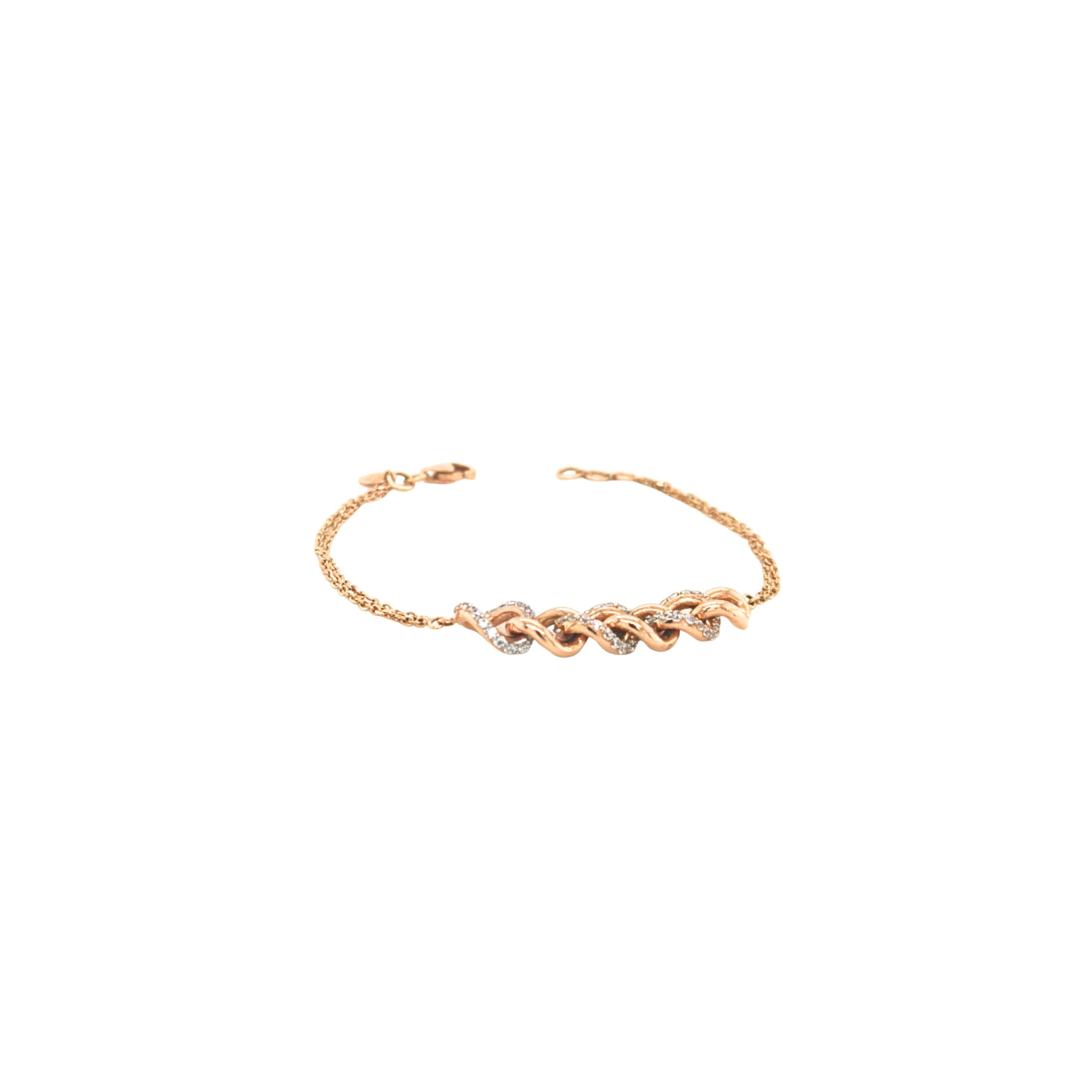Elegant rose gold bracelet featuring intertwined infinity-style links adorned with sparkling diamond accents on a delicate chain with an adjustable clasp.