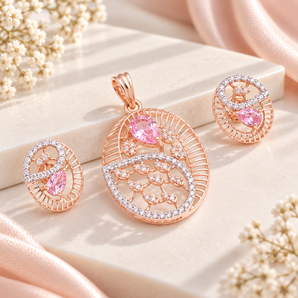 18KT Rose Gold Diamond & Pink Stone Pendant Set