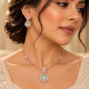 Mint Green Gemstone & Diamond Gold Necklace Set