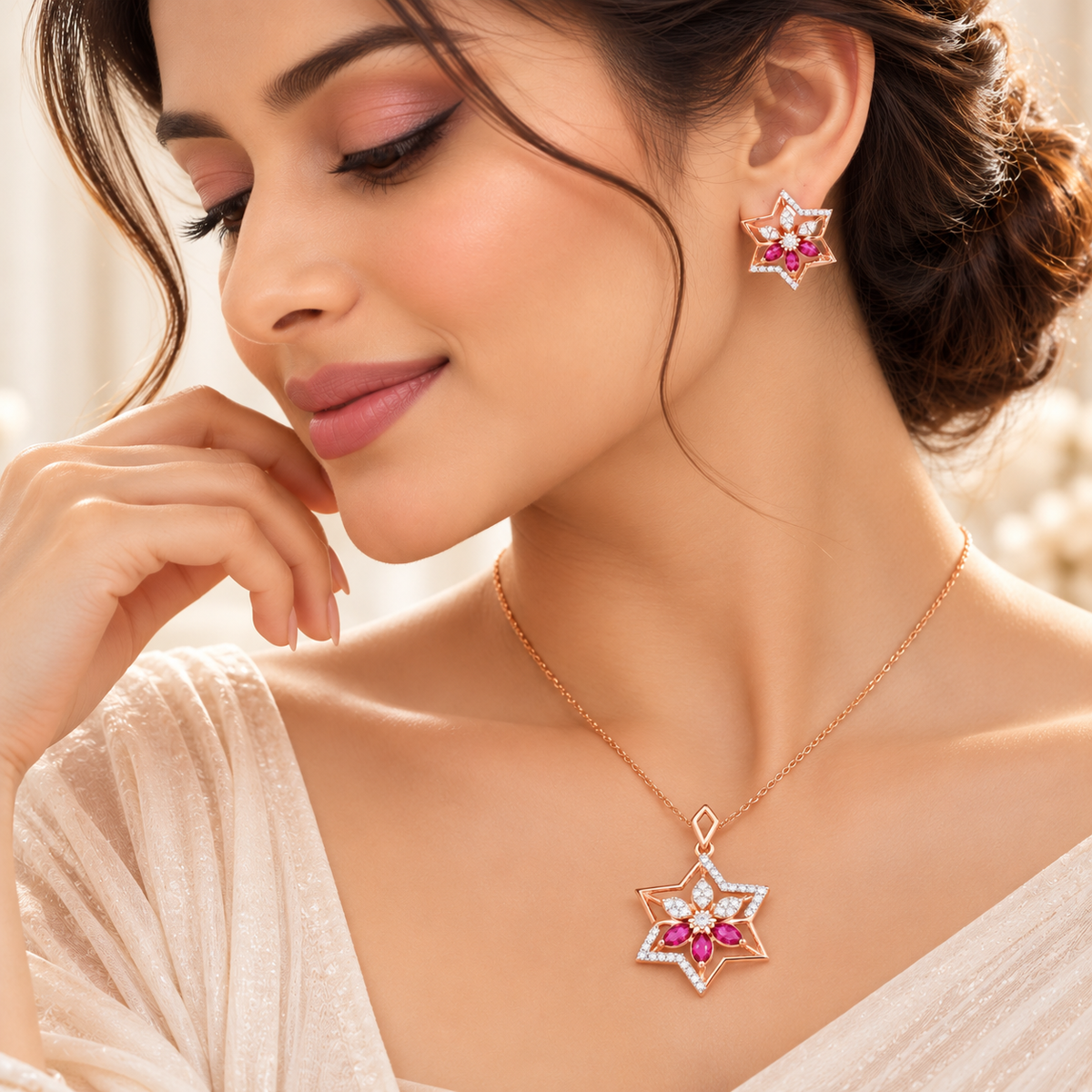 18KT Rose Gold Diamond & Pink Sapphire Star Pendant Set