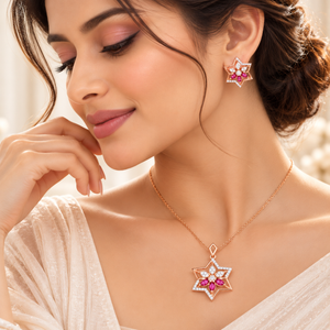 18KT Rose Gold Diamond & Pink Sapphire Star Pendant Set