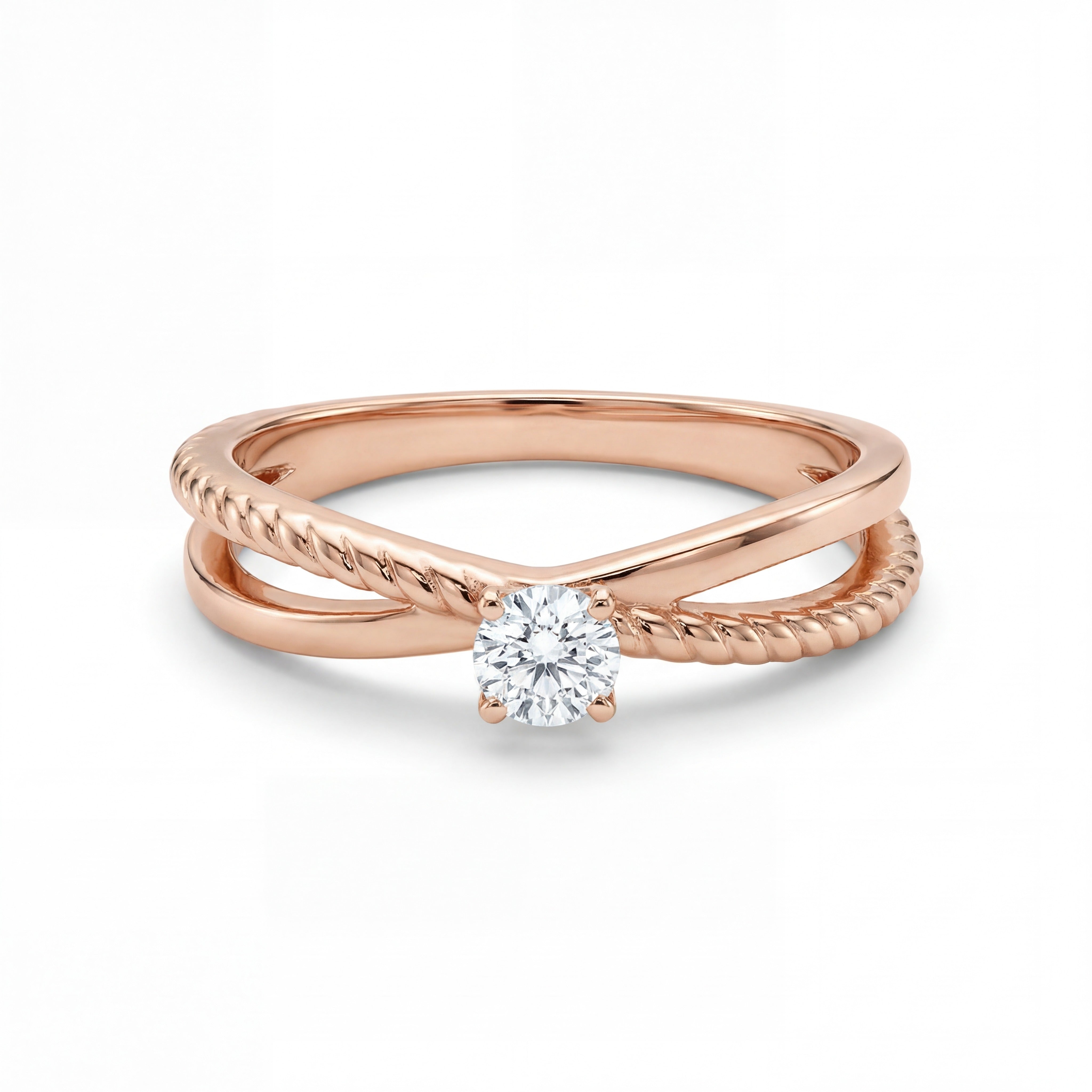 Rose gold ring with a diamond on a white background