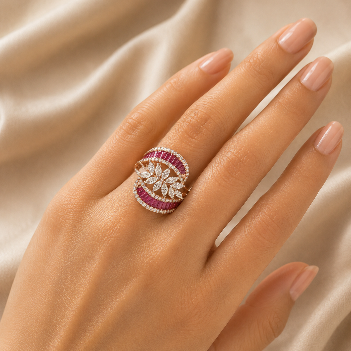 Luxurious gold statement ring featuring vibrant ruby accents in curved bands, with a delicate floral cluster of marquise-cut diamonds at the center.