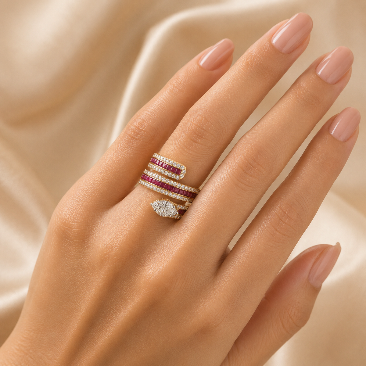 Statement gold ring featuring layered bands of sparkling diamonds and vibrant ruby accents, finished with a prominent marquise-cut diamond drop for an elegant look.