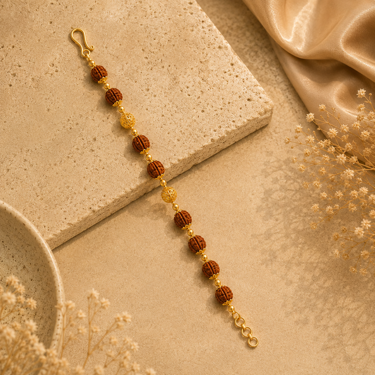 Rudraksha Heritage Gold Bracelet — premium, elegant, and suitable for a jewellery product listing.