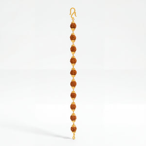 Traditional gold bracelet featuring multiple Rudraksha beads separated by intricate gold bead accents and delicate links, finished with a secure clasp.