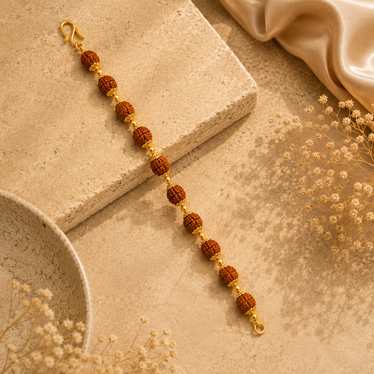 Traditional gold bracelet featuring evenly spaced Rudraksha beads with intricate gold bead detailing and a secure hook clasp.