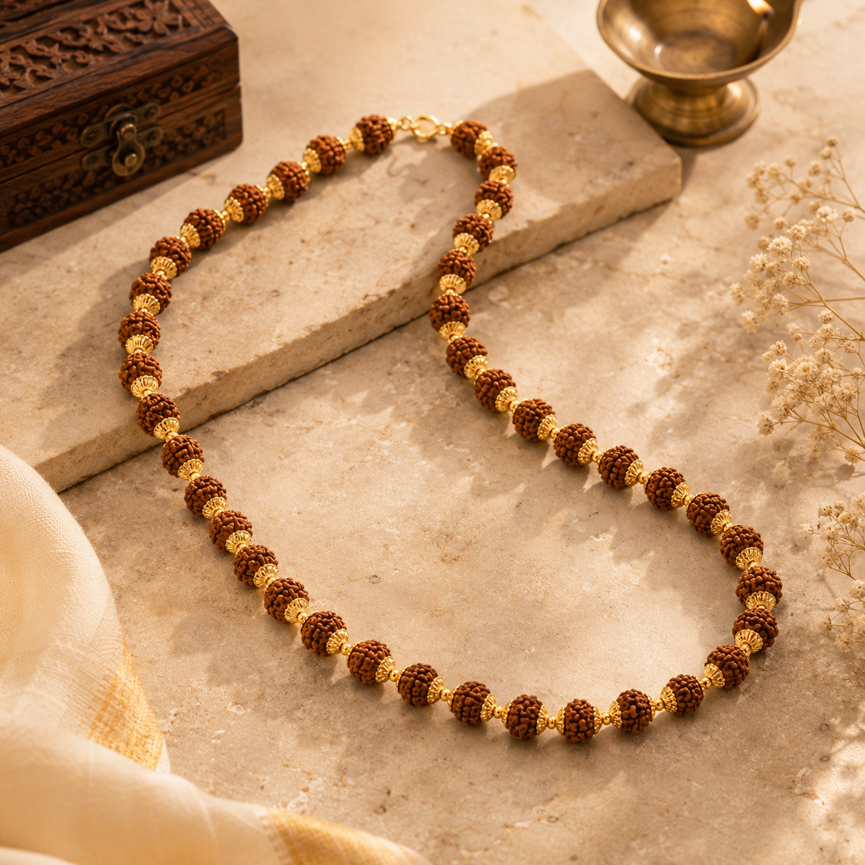 Traditional Rudraksha mala featuring closely spaced Rudraksha beads with delicate gold bead accents and connecting links, finished with a gold clasp.
