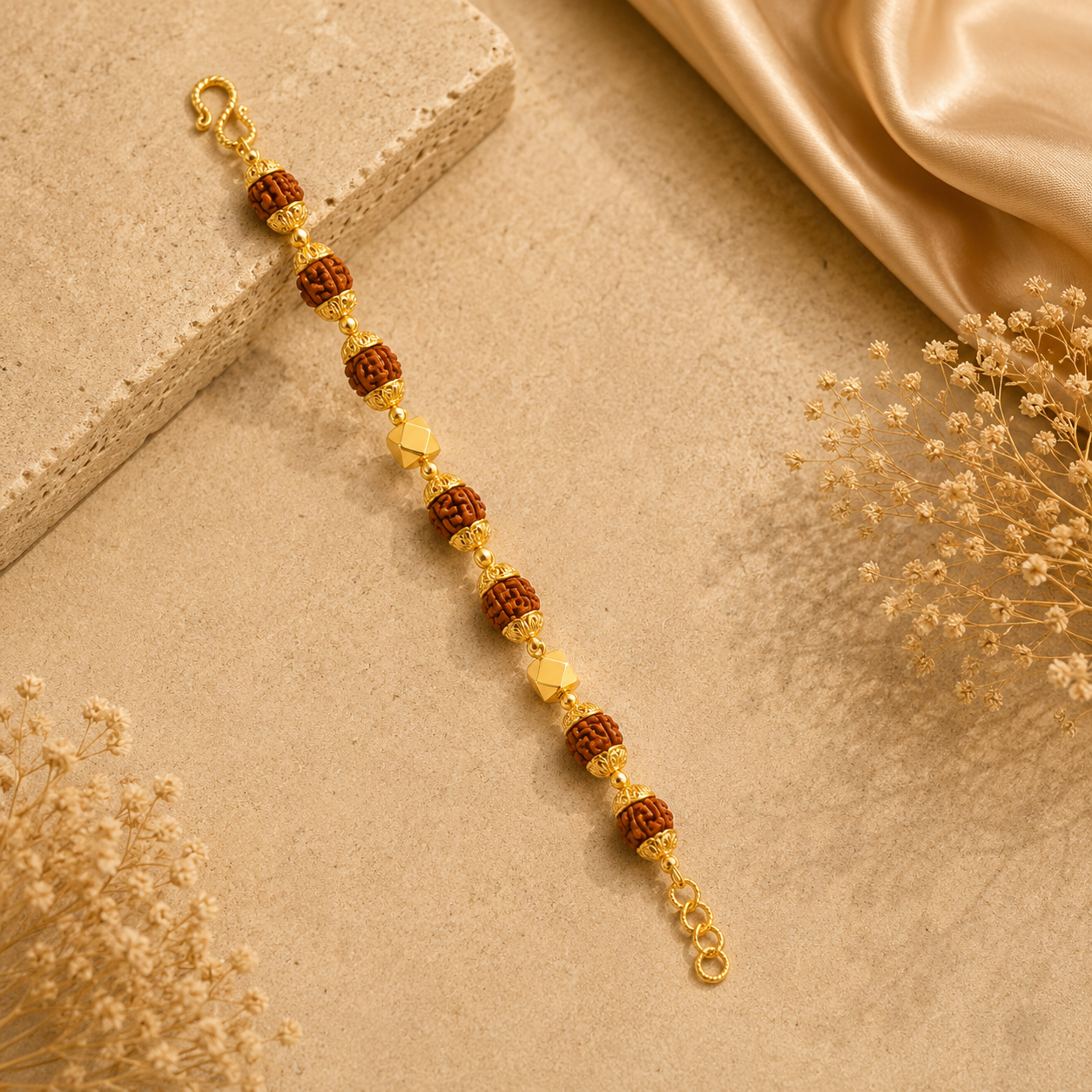 Gold bracelet featuring multiple Rudraksha beads with intricate gold detailing and geometric gold accents, finished with an adjustable clasp.