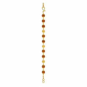 Gold bracelet featuring alternating Rudraksha beads and ornate gold filigree beads, connected with delicate gold links and finished with an adjustable clasp.