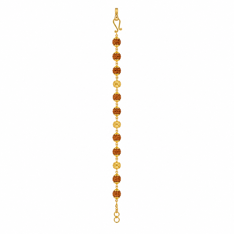 Gold bracelet featuring alternating Rudraksha beads and ornate gold filigree beads, connected with delicate gold links and finished with an adjustable clasp.