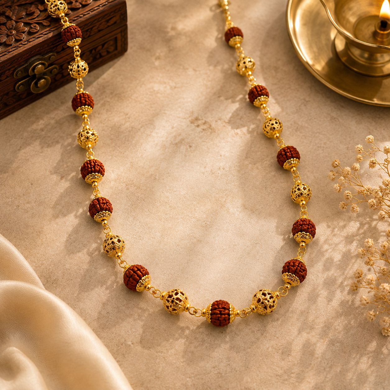 Elegant Rudraksha mala featuring natural Rudraksha beads alternating with ornate gold filigree beads and delicate gold links, creating a traditional yet refined design.