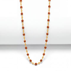 Elegant Rudraksha necklace featuring evenly spaced Rudraksha beads connected by delicate gold links and ornate gold bead accents, finished with a classic gold clasp.