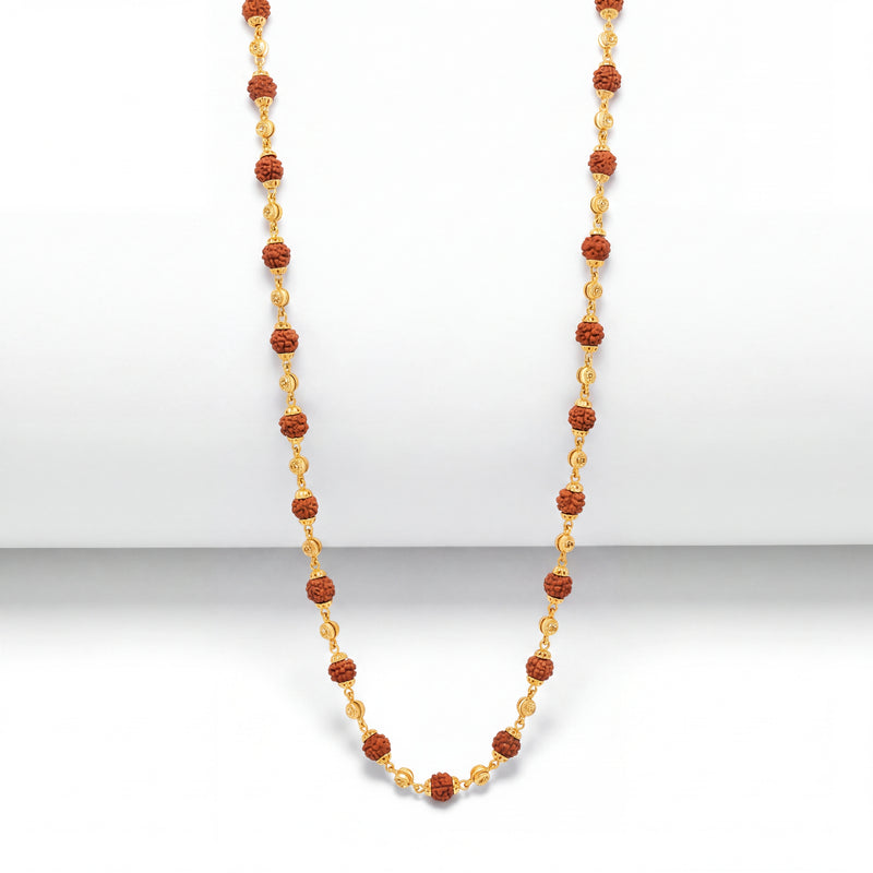 Elegant Rudraksha necklace featuring evenly spaced Rudraksha beads connected by delicate gold links and ornate gold bead accents, finished with a classic gold clasp.