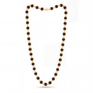 Long Rudraksha necklace featuring evenly spaced Rudraksha beads with intricate gold bead accents and delicate gold links, finished with a gold clasp.
