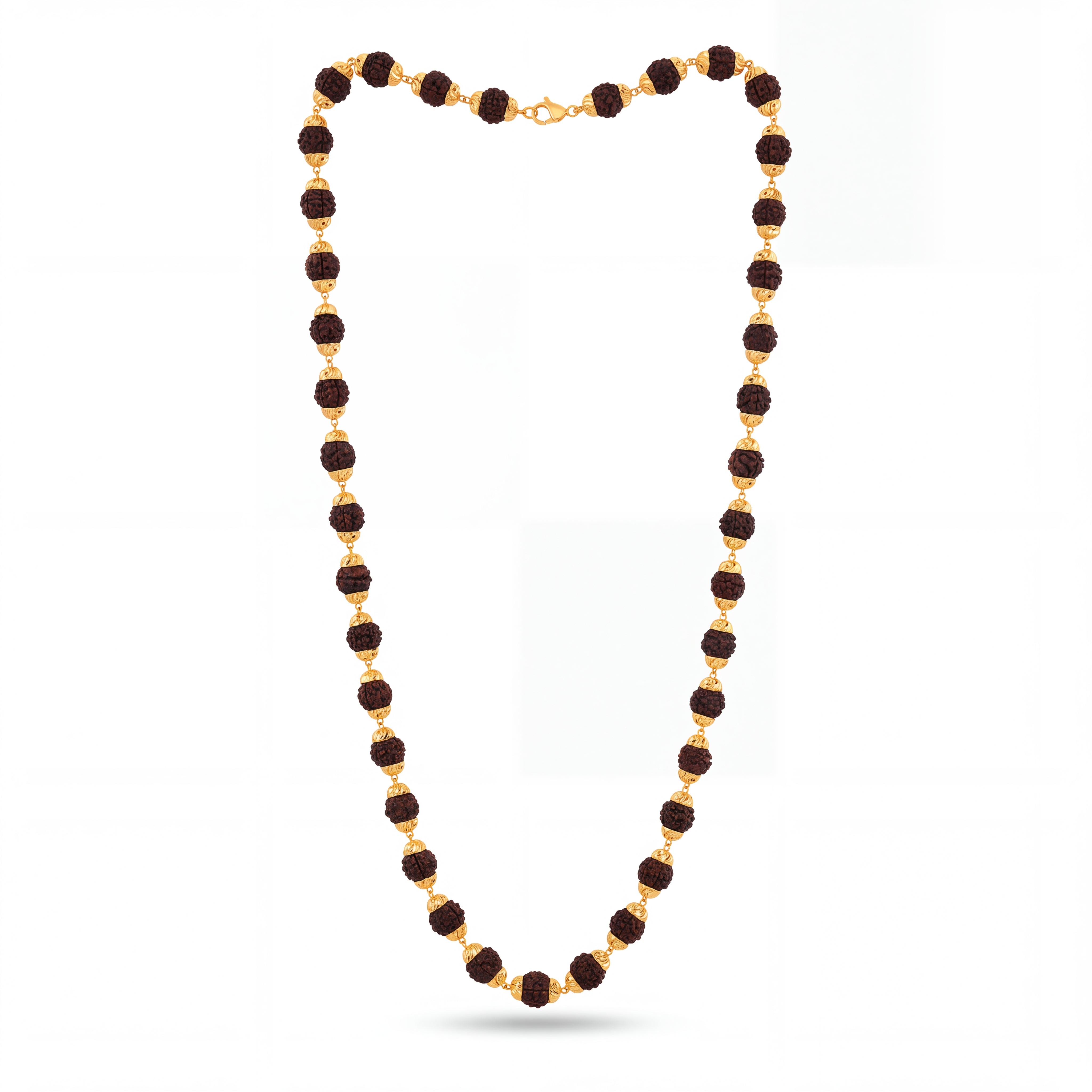 Long Rudraksha necklace featuring evenly spaced Rudraksha beads with intricate gold bead accents and delicate gold links, finished with a gold clasp.