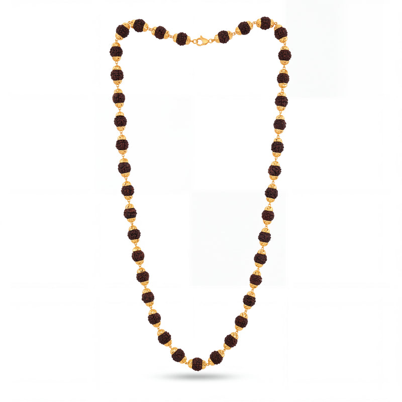 Long Rudraksha necklace featuring evenly spaced Rudraksha beads with intricate gold bead accents and delicate gold links, finished with a gold clasp.