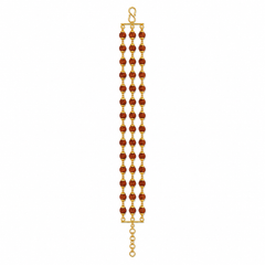 Triple-strand gold bracelet featuring rows of Rudraksha beads with intricate gold bead detailing, connected by gold bars and finished with an adjustable chain clasp.