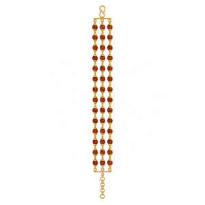Triple-strand gold bracelet featuring rows of Rudraksha beads with intricate gold bead detailing, connected by gold bars and finished with an adjustable chain clasp.