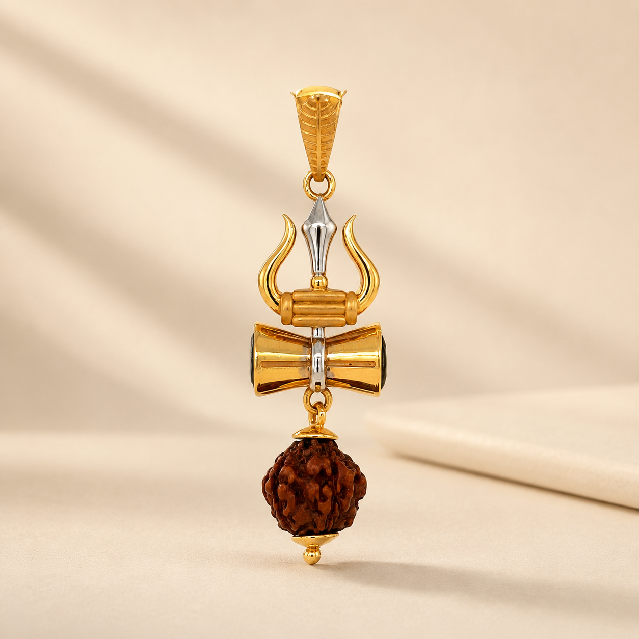 Intricately crafted gold pendant featuring a traditional trishul-inspired motif, silver-toned detailing, and a textured Rudraksha bead suspended at the bottom.
