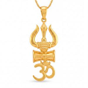 Traditional gold pendant featuring a Trishul, central Damru, and Om symbol, crafted in a polished gold finish with intricate detailing.