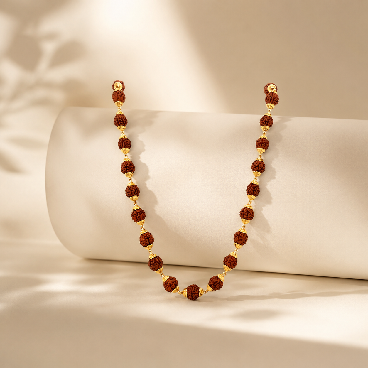 Traditional gold necklace featuring textured Rudraksha beads separated by delicate gold accents and connectors, arranged in an elegant long-chain design with a warm heritage appeal.
