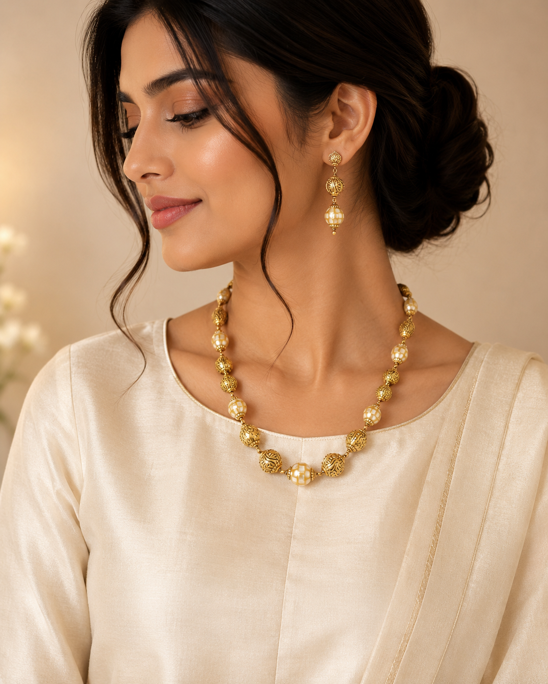 Traditional gold jewellery set featuring a richly detailed beaded necklace with ornate spherical gold elements and matching dangling earrings, styled for an elegant ethnic look.
